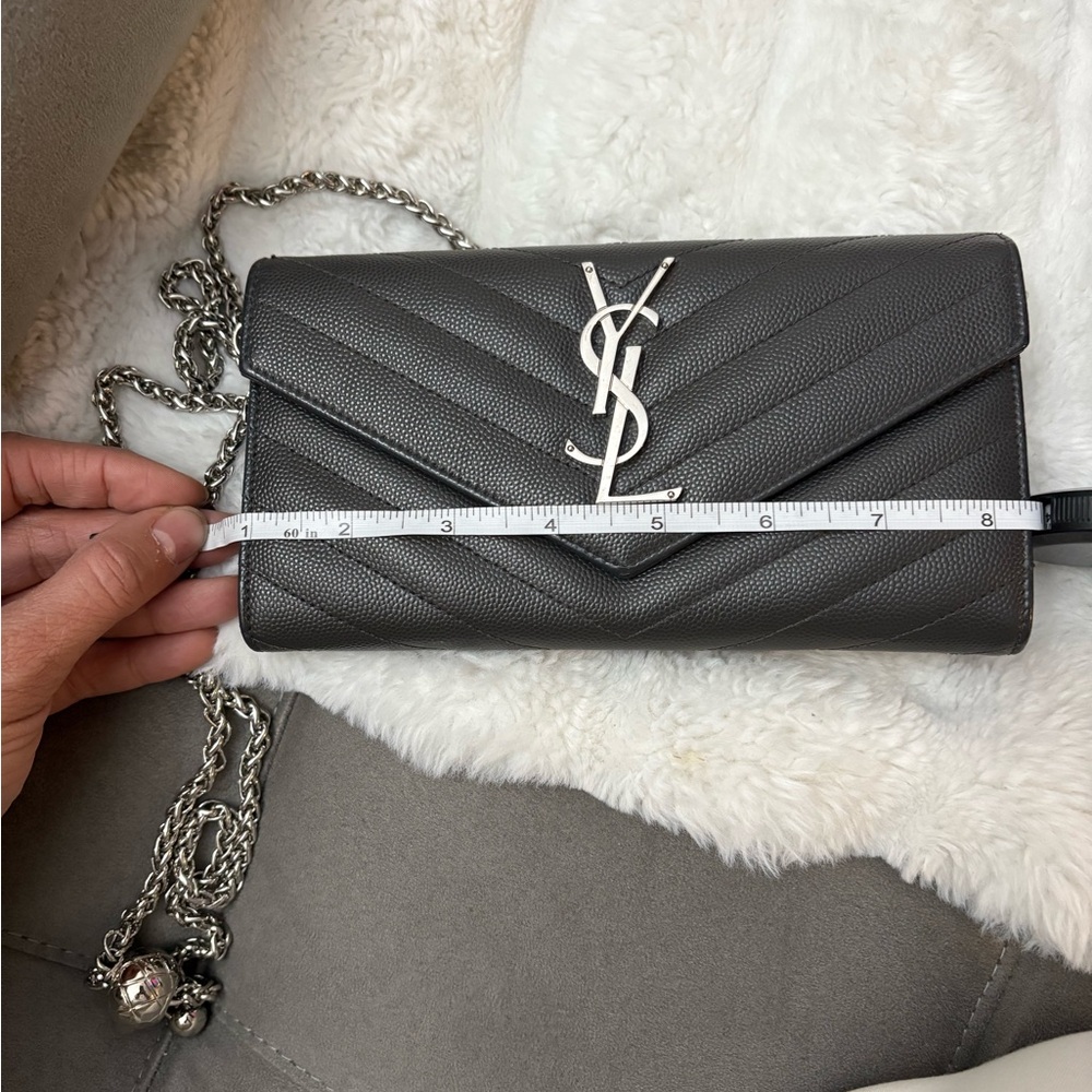 Yves Saint Laurent Gray Chevron Clutch with Silver Chain - Picture 12 of 16